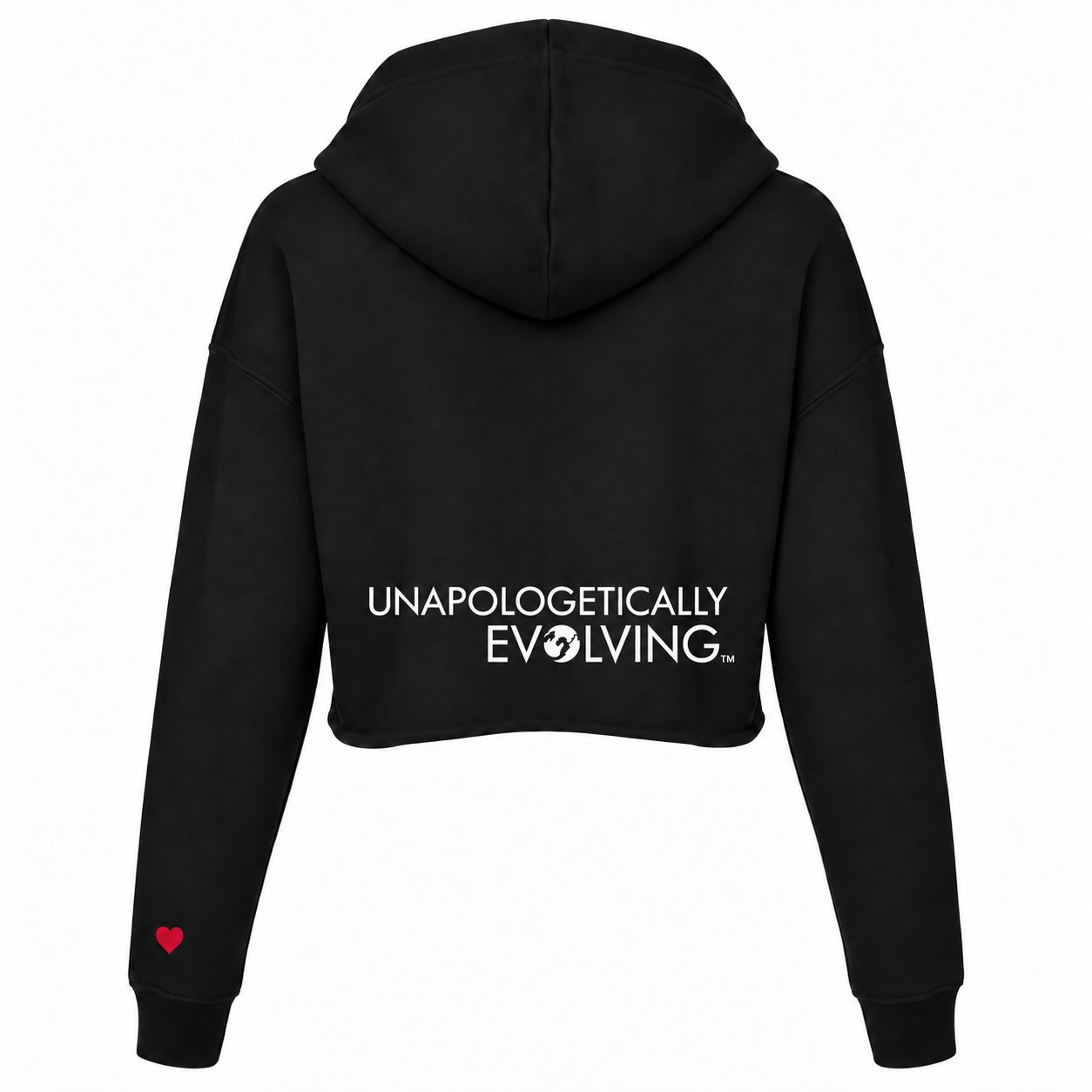 Back view of the black Unapologetically Evolving cropped hoodie