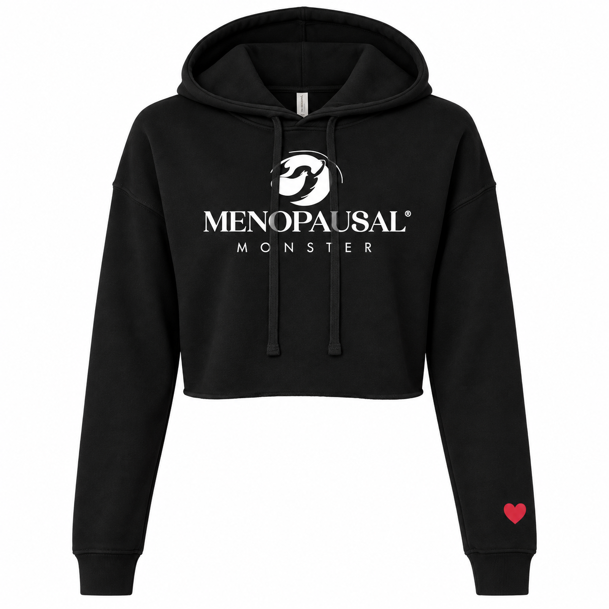 Front view of the black Menopausal Monster cropped hoodie